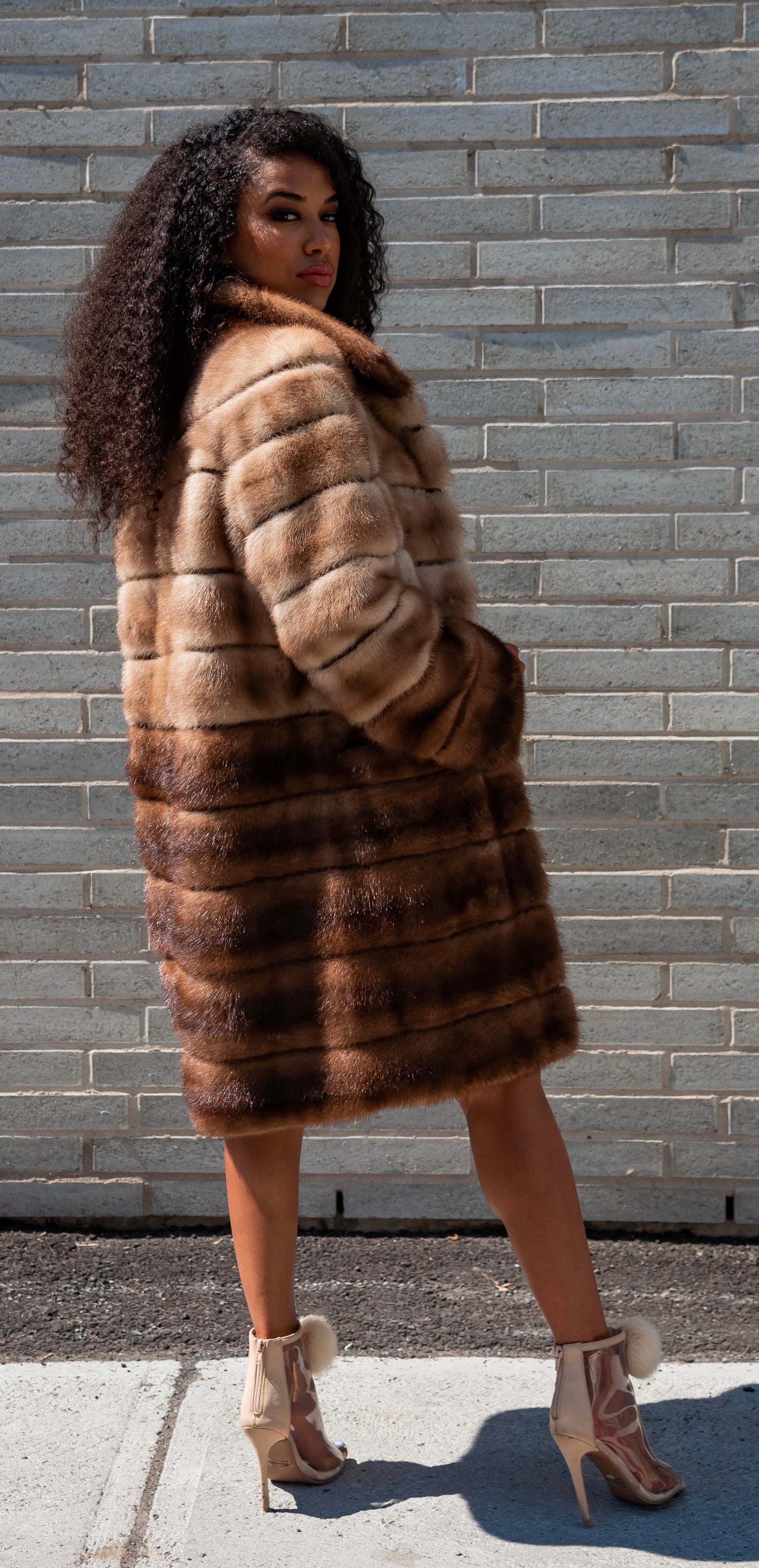 Two tone pastel mink knee-length coat