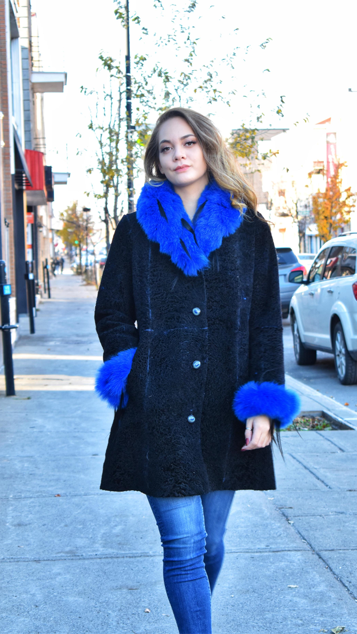 Reversible black shearling mid length coat